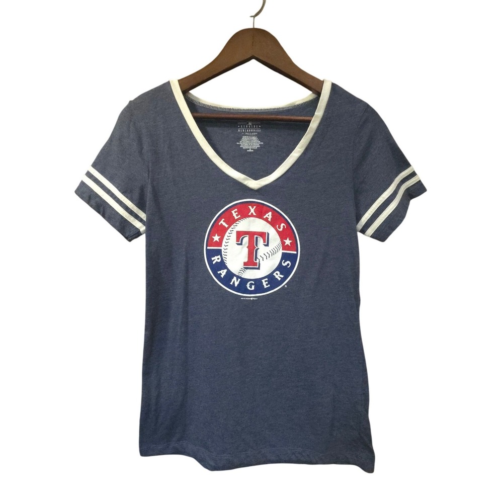 Texas Rangers MLB Womens V-Neck T-Shirt Blue Heathered Varsity Stripe M EUC